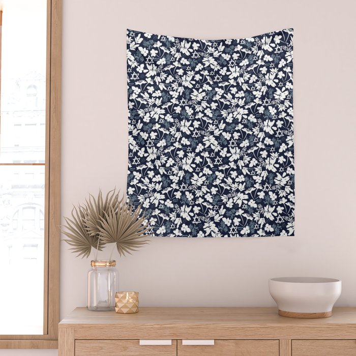 Dark and Light Blue Floral Star of David Wall Tapestry Gallery Image 2