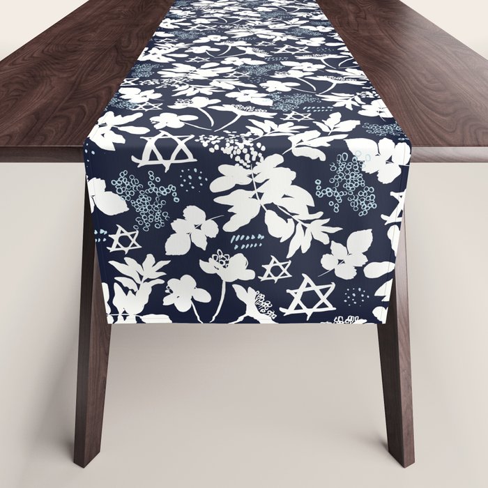 Dark and Light Blue Floral Star of David Table Runner Gallery Image 1