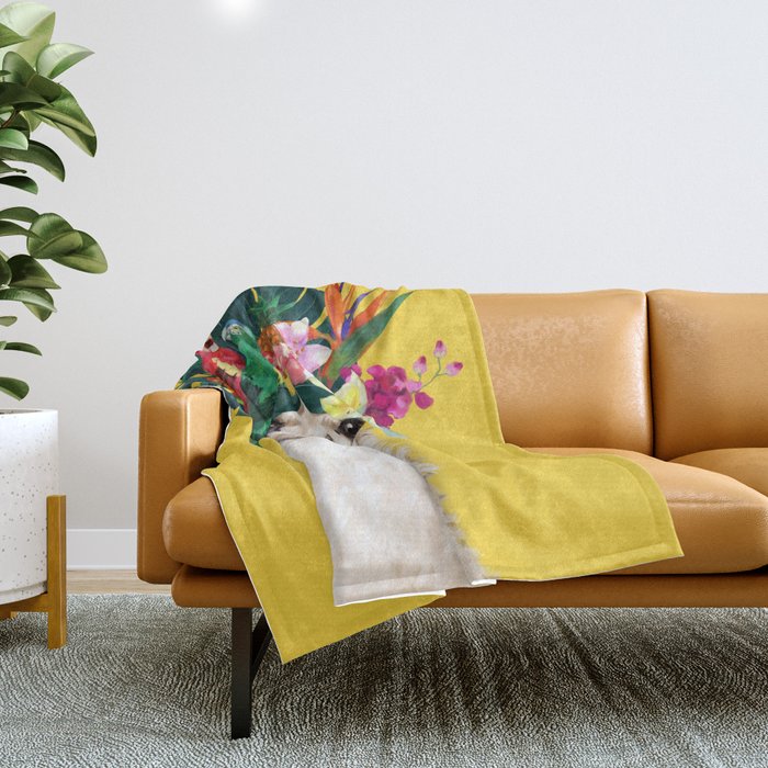 Aloha Hawaiian Llama in Yellow Throw Blanket Gallery Image 1