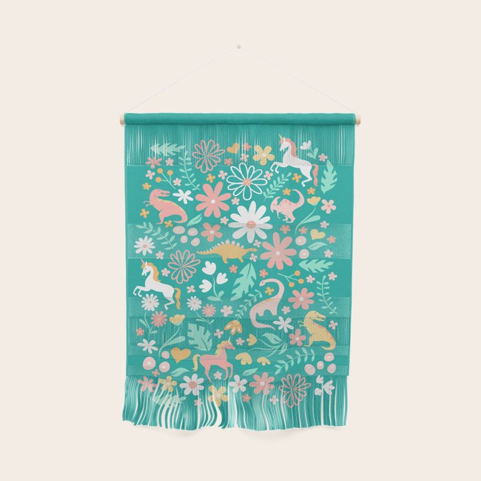 Dinosaurs + Unicorns on Teal Wall Hanging Gallery Image 1