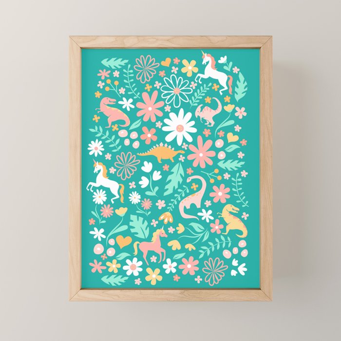 Dinosaurs + Unicorns on Teal Mini Art Print Gallery Image 1