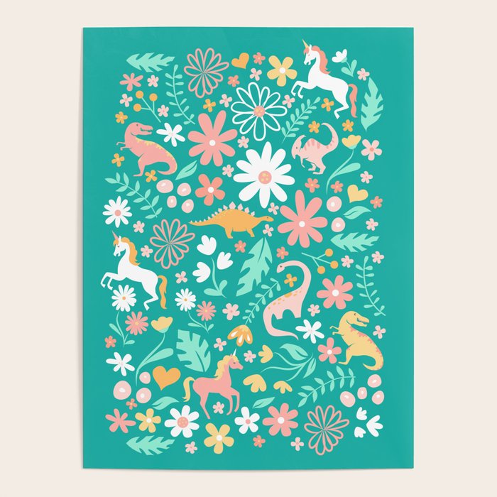 Dinosaurs + Unicorns on Teal Poster Gallery Image 1
