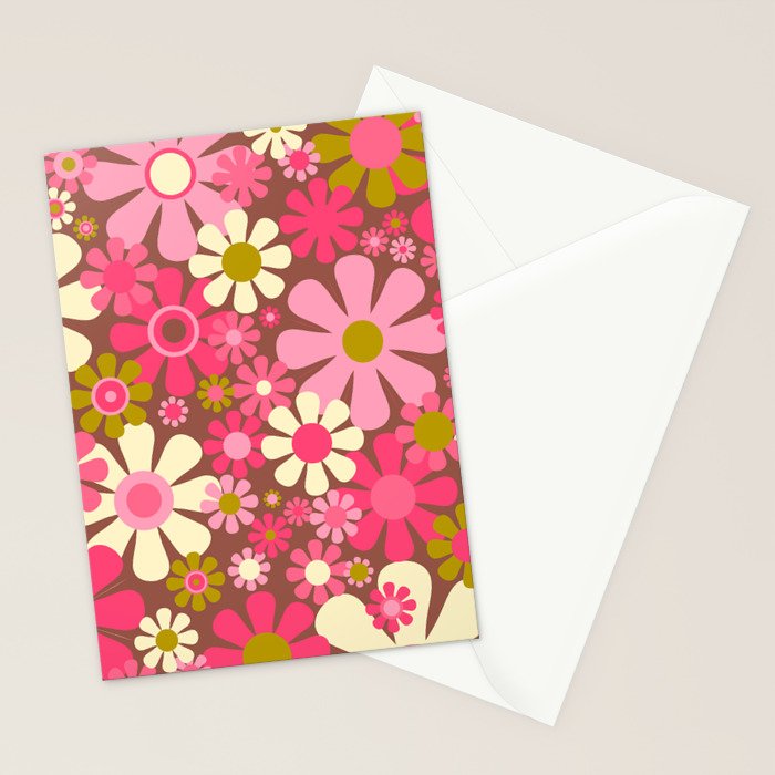 Groovy Retro Floral Garden 60s 70s Pattern in Pink Avocado Brown 2 Stationery Card Gallery Image 2