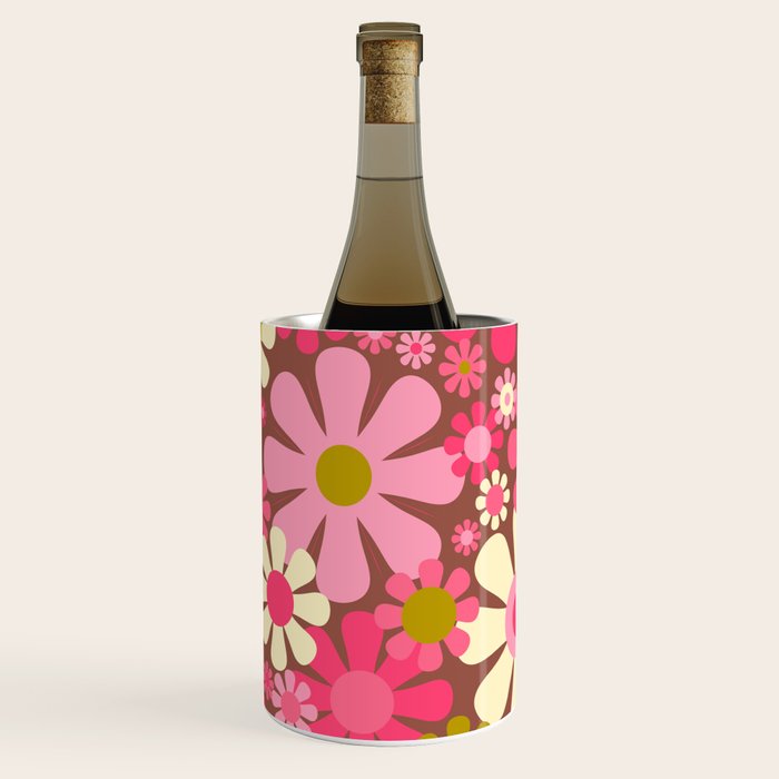 Groovy Retro Floral Garden 60s 70s Pattern in Pink Avocado Brown 2 Wine Chiller Gallery Image 3