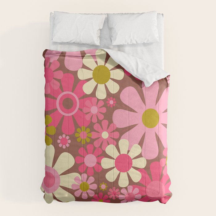 Groovy Retro Floral Garden 60s 70s Pattern in Pink Avocado Brown 2 Comforter Gallery Image 6