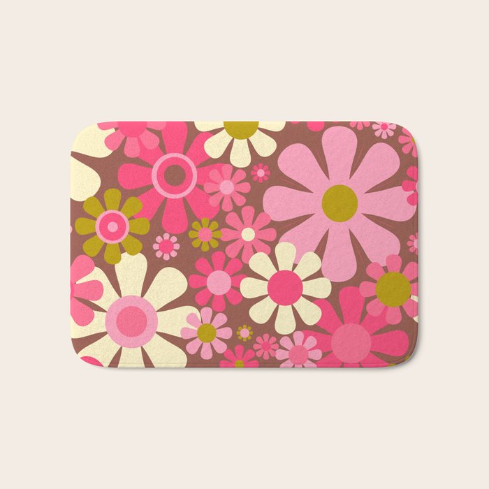 Groovy Retro Floral Garden 60s 70s Pattern in Pink Avocado Brown 2 Bath Mat Gallery Image 1