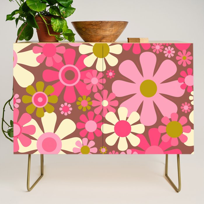 Groovy Retro Floral Garden 60s 70s Pattern in Pink Avocado Brown 2 Credenza Gallery Image 1