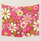 Groovy Retro Floral Garden 60s 70s Pattern in Pink Avocado Brown 2 Wall Tapestry Gallery Image 4