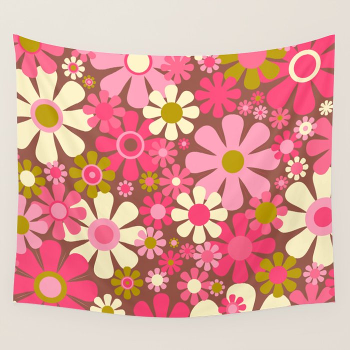 Groovy Retro Floral Garden 60s 70s Pattern in Pink Avocado Brown 2 Wall Tapestry Gallery Image 1