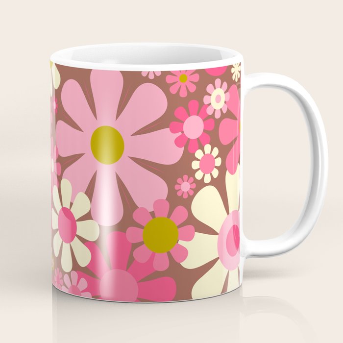 Groovy Retro Floral Garden 60s 70s Pattern in Pink Avocado Brown 2 Coffee Mug Gallery Image 1