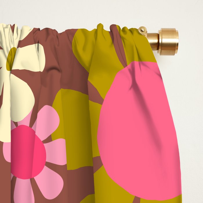 Groovy Retro Floral Garden 60s 70s Pattern in Pink Avocado Brown 2 Window Curtain Gallery Image 2