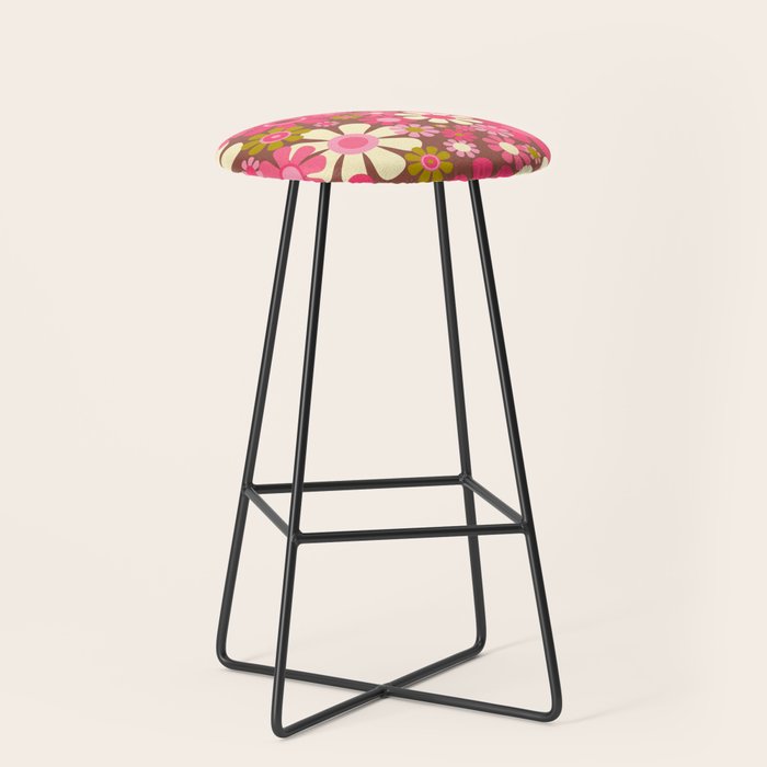 Groovy Retro Floral Garden 60s 70s Pattern in Pink Avocado Brown 2 Stool Gallery Image 1