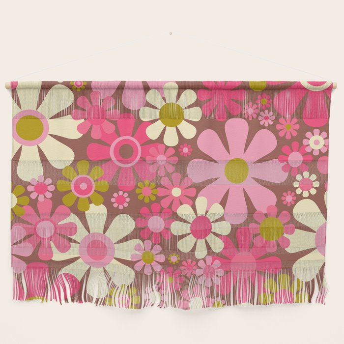 Groovy Retro Floral Garden 60s 70s Pattern in Pink Avocado Brown 2 Wall Hanging Gallery Image 1