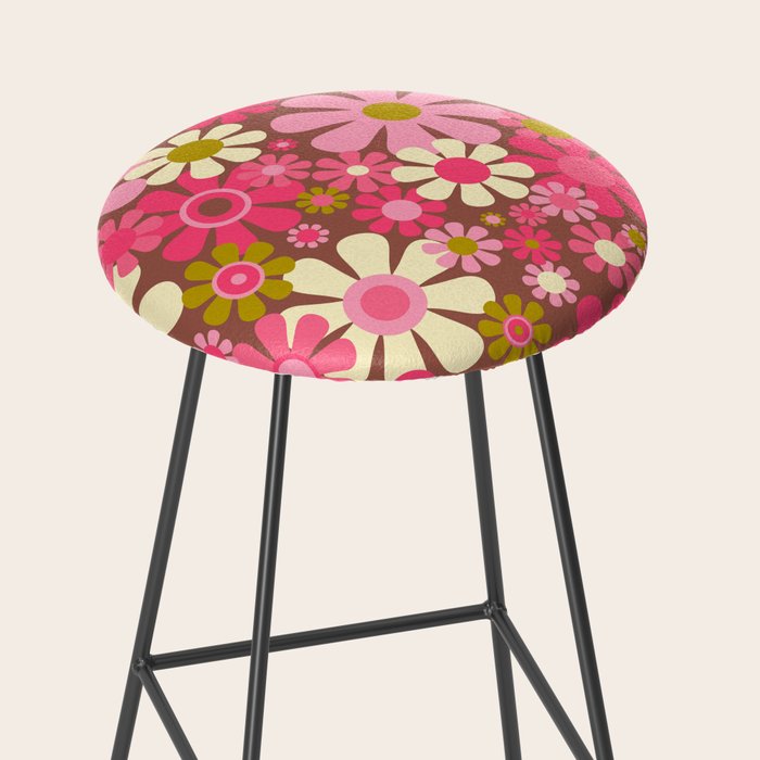 Groovy Retro Floral Garden 60s 70s Pattern in Pink Avocado Brown 2 Stool Gallery Image 2