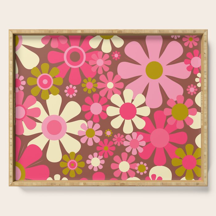 Groovy Retro Floral Garden 60s 70s Pattern in Pink Avocado Brown 2 Serving Tray Gallery Image 1