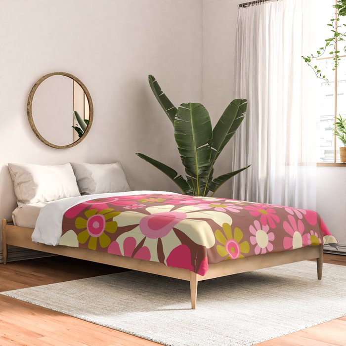 Groovy Retro Floral Garden 60s 70s Pattern in Pink Avocado Brown 2 Comforter Gallery Image 2