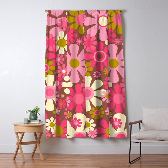Groovy Retro Floral Garden 60s 70s Pattern in Pink Avocado Brown 2 Window Curtain Gallery Image 5