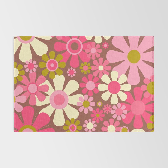 Groovy Retro Floral Garden 60s 70s Pattern in Pink Avocado Brown 2 Rug Gallery Image 2