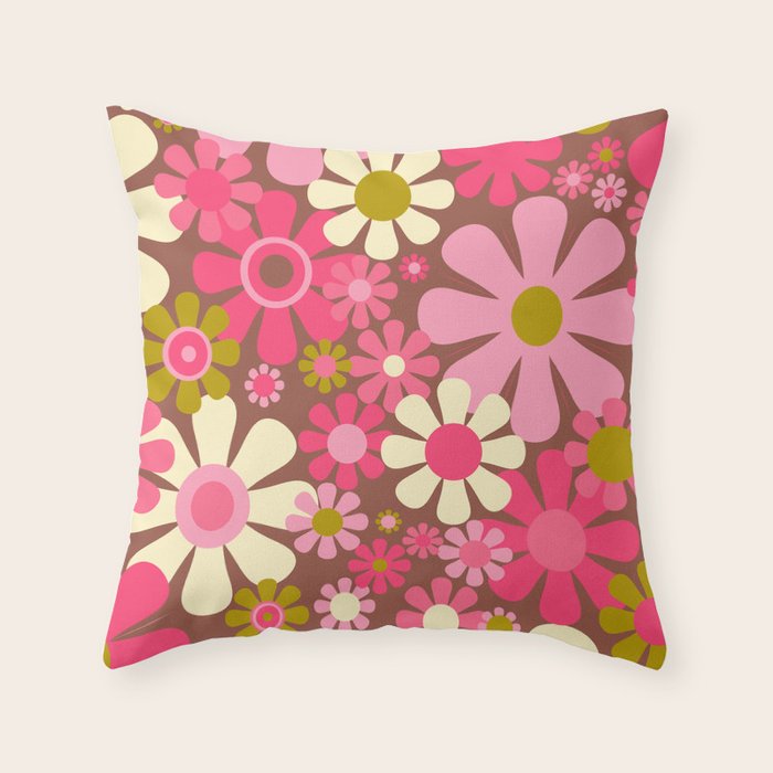 Groovy Retro Floral Garden 60s 70s Pattern in Pink Avocado Brown 2 Throw Pillow Gallery Image 2