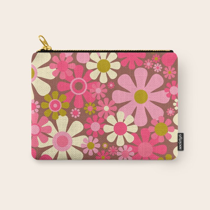 Groovy Retro Floral Garden 60s 70s Pattern in Pink Avocado Brown 2 Carry All Pouch Gallery Image 1