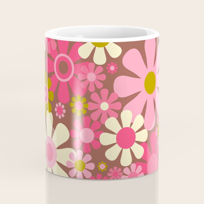 Groovy Retro Floral Garden 60s 70s Pattern in Pink Avocado Brown 2 Coffee Mug Gallery Image 4