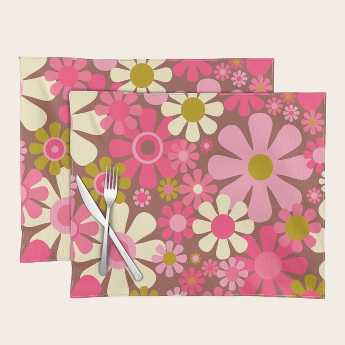Groovy Retro Floral Garden 60s 70s Pattern in Pink Avocado Brown 2 Placemat Gallery Image 1
