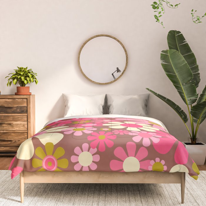 Groovy Retro Floral Garden 60s 70s Pattern in Pink Avocado Brown 2 Comforter Gallery Image 3