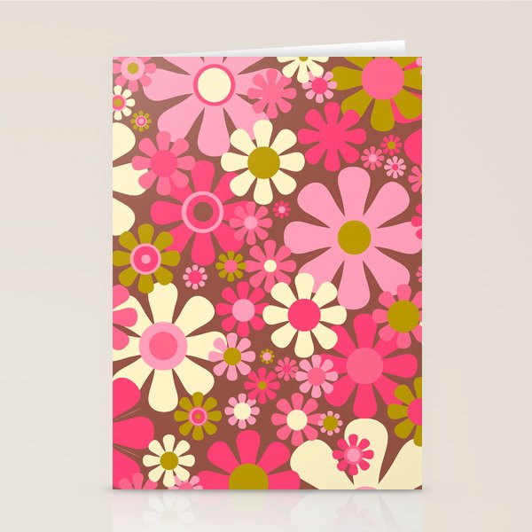 Groovy Retro Floral Garden 60s 70s Pattern in Pink Avocado Brown 2 Stationery Card Gallery Image 2