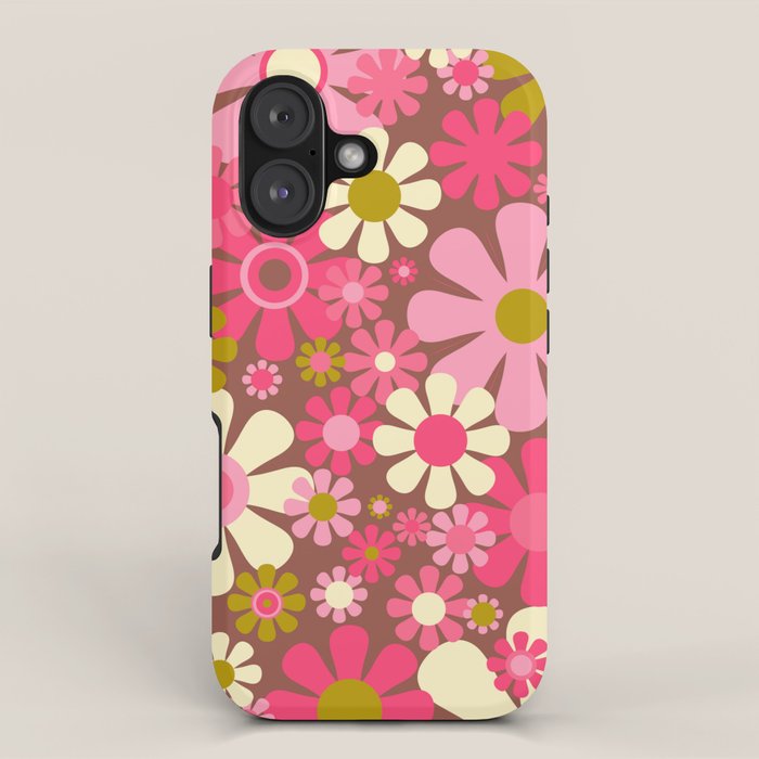 Groovy Retro Floral Garden 60s 70s Pattern in Pink Avocado Brown 2 iPhone Case Gallery Image 1