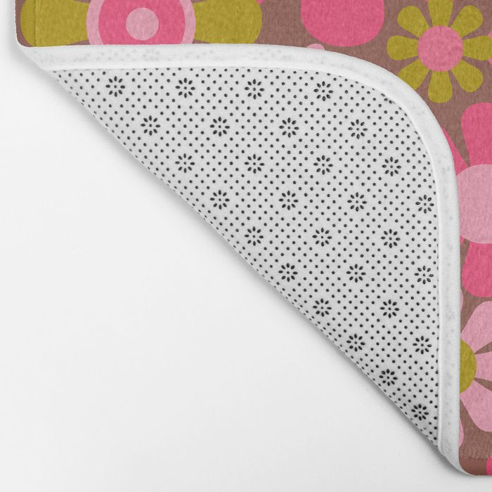 Groovy Retro Floral Garden 60s 70s Pattern in Pink Avocado Brown 2 Bath Mat Gallery Image 2