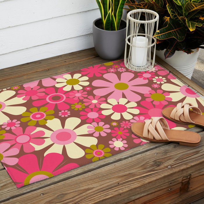 Groovy Retro Floral Garden 60s 70s Pattern in Pink Avocado Brown 2 Outdoor Rug Gallery Image 2