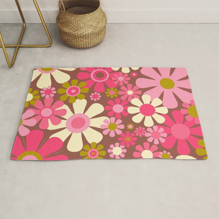 Groovy Retro Floral Garden 60s 70s Pattern in Pink Avocado Brown 2 Rug Gallery Image 1