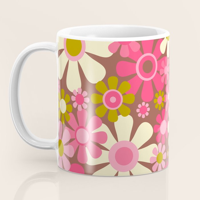Groovy Retro Floral Garden 60s 70s Pattern in Pink Avocado Brown 2 Coffee Mug Gallery Image 3