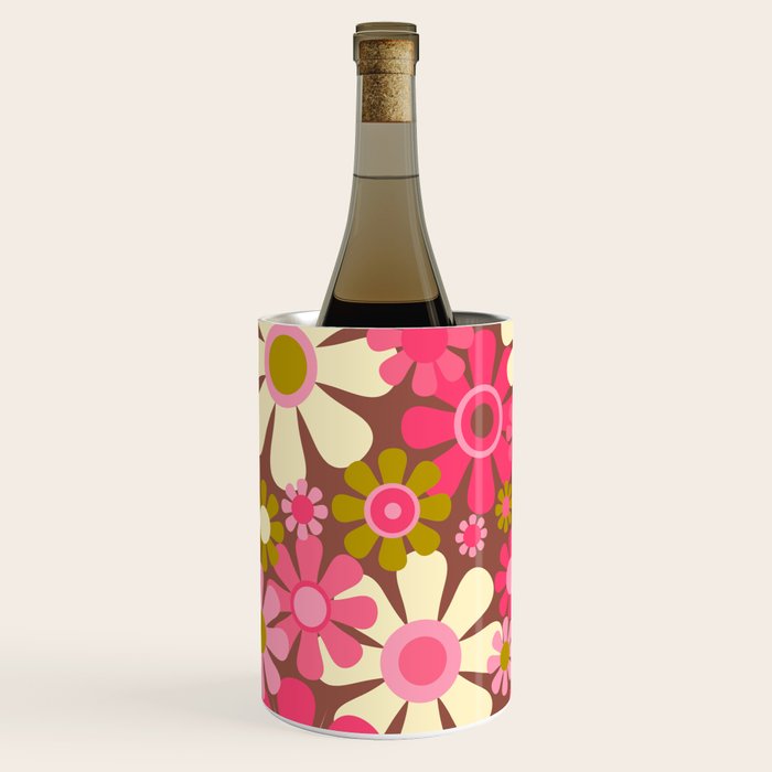 Groovy Retro Floral Garden 60s 70s Pattern in Pink Avocado Brown 2 Wine Chiller Gallery Image 2