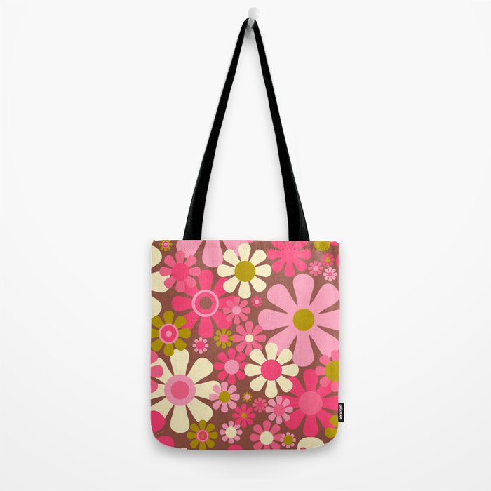 Groovy Retro Floral Garden 60s 70s Pattern in Pink Avocado Brown 2 Tote Bag Gallery Image 2