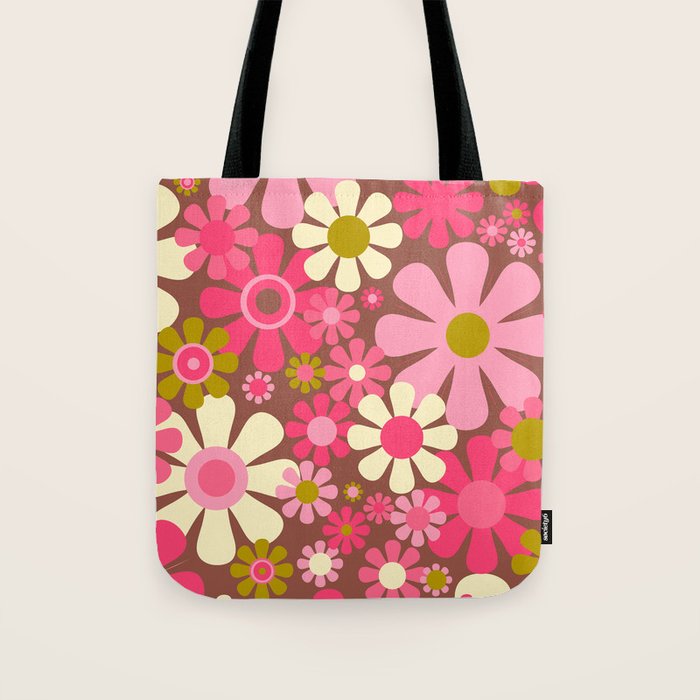 Groovy Retro Floral Garden 60s 70s Pattern in Pink Avocado Brown 2 Tote Bag Gallery Image 1