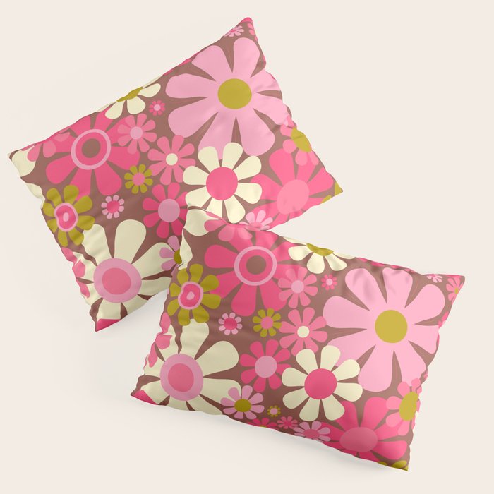 Groovy Retro Floral Garden 60s 70s Pattern in Pink Avocado Brown 2 Pillow Sham Gallery Image 3