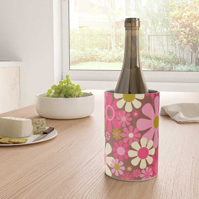 Groovy Retro Floral Garden 60s 70s Pattern in Pink Avocado Brown 2 Wine Chiller Gallery Image 4