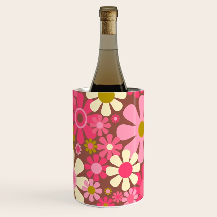 Groovy Retro Floral Garden 60s 70s Pattern in Pink Avocado Brown 2 Wine Chiller Gallery Image 1