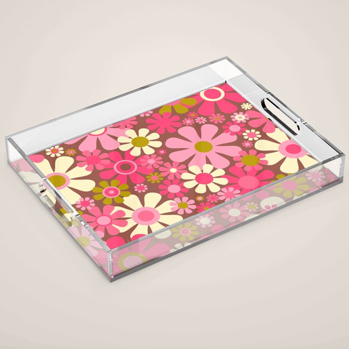 Groovy Retro Floral Garden 60s 70s Pattern in Pink Avocado Brown 2 Acrylic Tray Gallery Image 1