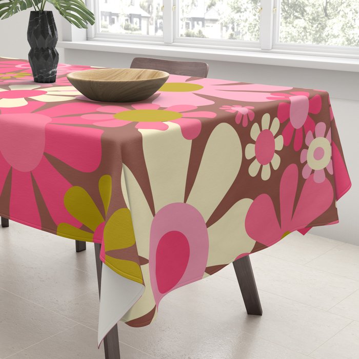 Groovy Retro Floral Garden 60s 70s Pattern in Pink Avocado Brown 2 Tablecloth Gallery Image 3