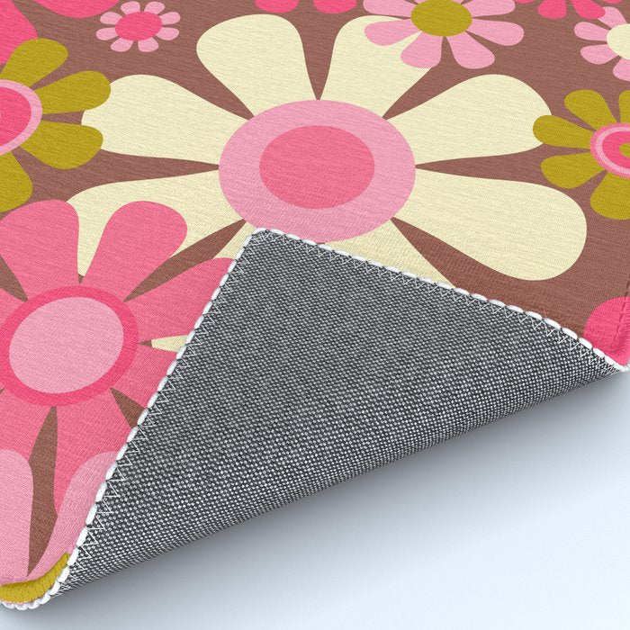 Groovy Retro Floral Garden 60s 70s Pattern in Pink Avocado Brown 2 Rug Gallery Image 4