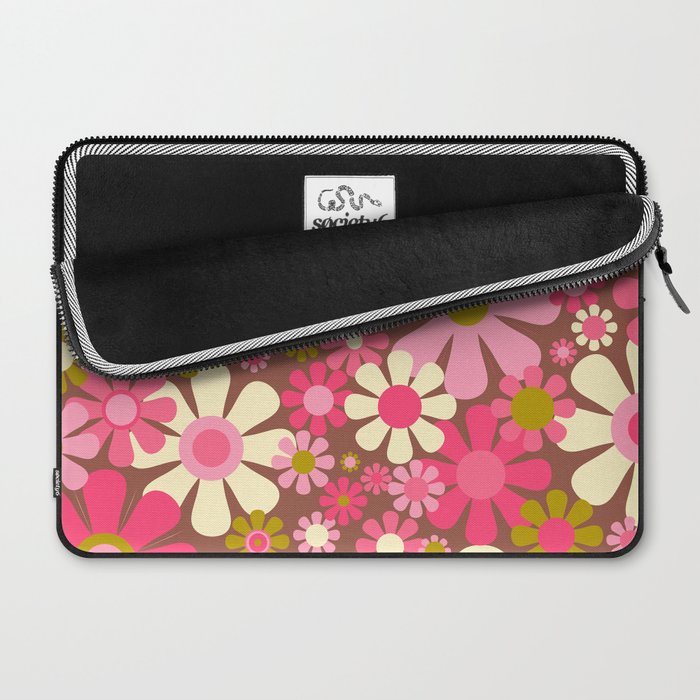 Groovy Retro Floral Garden 60s 70s Pattern in Pink Avocado Brown 2 Laptop Sleeve Gallery Image 2