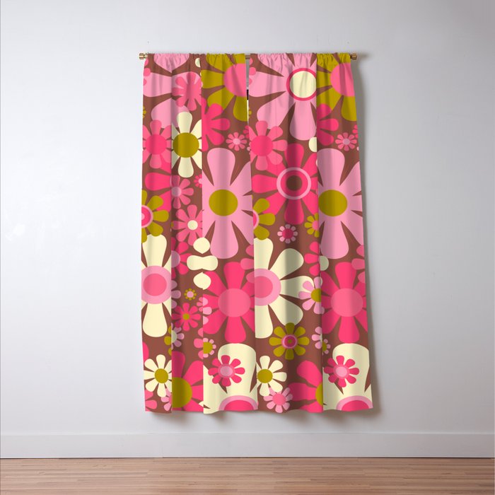Groovy Retro Floral Garden 60s 70s Pattern in Pink Avocado Brown 2 Window Curtain Gallery Image 3