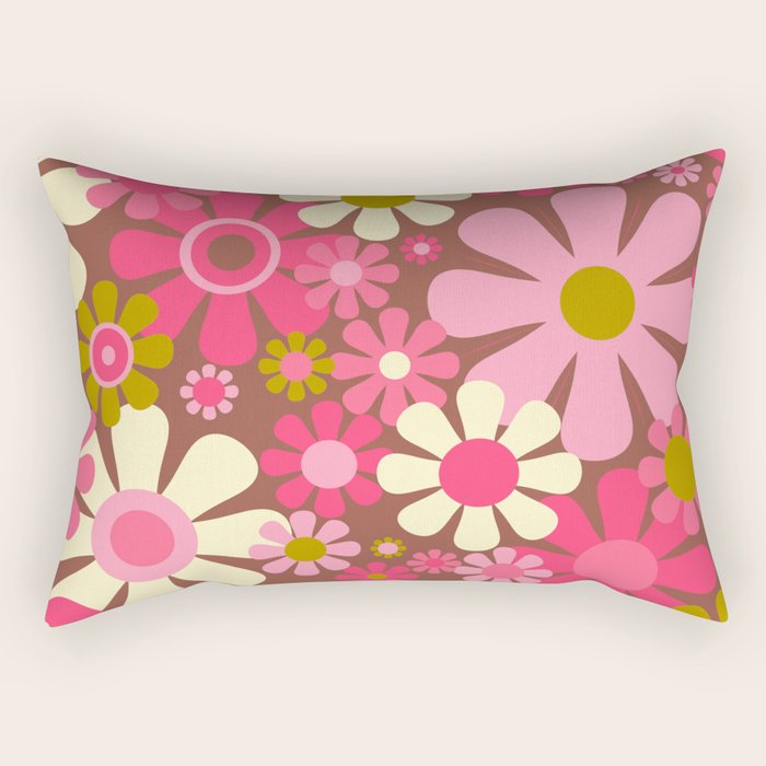 Groovy Retro Floral Garden 60s 70s Pattern in Pink Avocado Brown 2 Rectangular Pillow Gallery Image 2