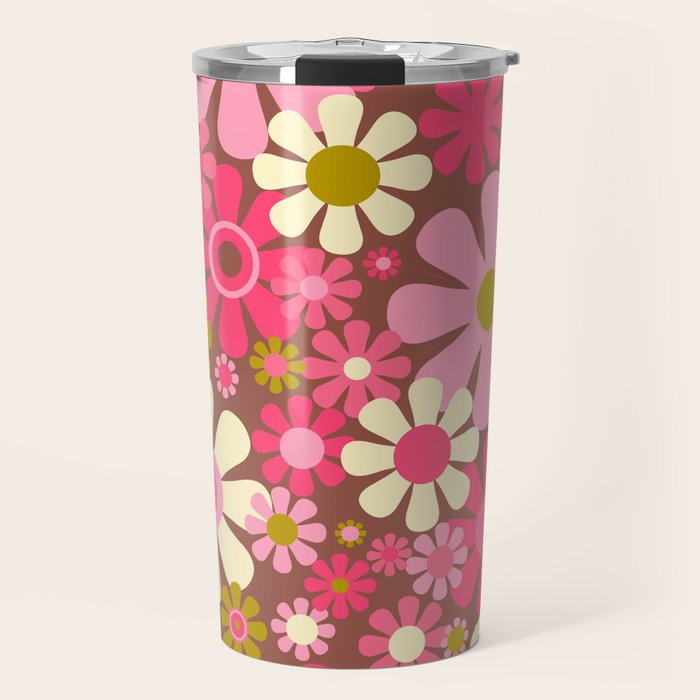 Groovy Retro Floral Garden 60s 70s Pattern in Pink Avocado Brown 2 Travel Mug Gallery Image 1