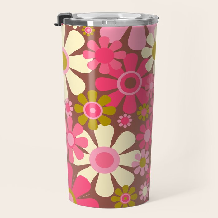 Groovy Retro Floral Garden 60s 70s Pattern in Pink Avocado Brown 2 Travel Mug Gallery Image 3