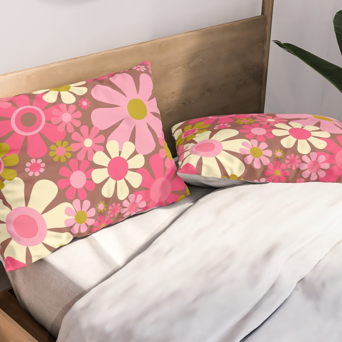 Groovy Retro Floral Garden 60s 70s Pattern in Pink Avocado Brown 2 Pillow Sham Gallery Image 2