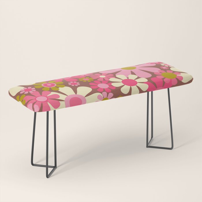 Groovy Retro Floral Garden 60s 70s Pattern in Pink Avocado Brown 2 Bench Gallery Image 1