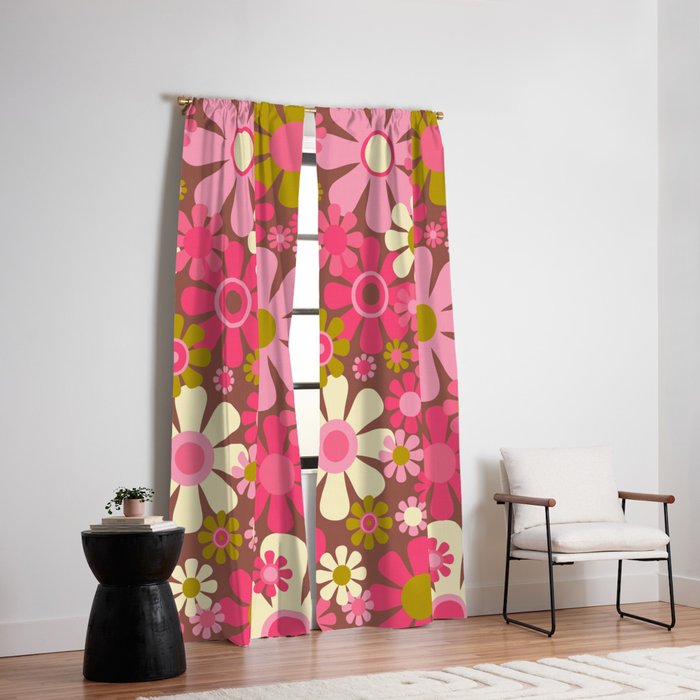 Groovy Retro Floral Garden 60s 70s Pattern in Pink Avocado Brown 2 Window Curtain Gallery Image 2